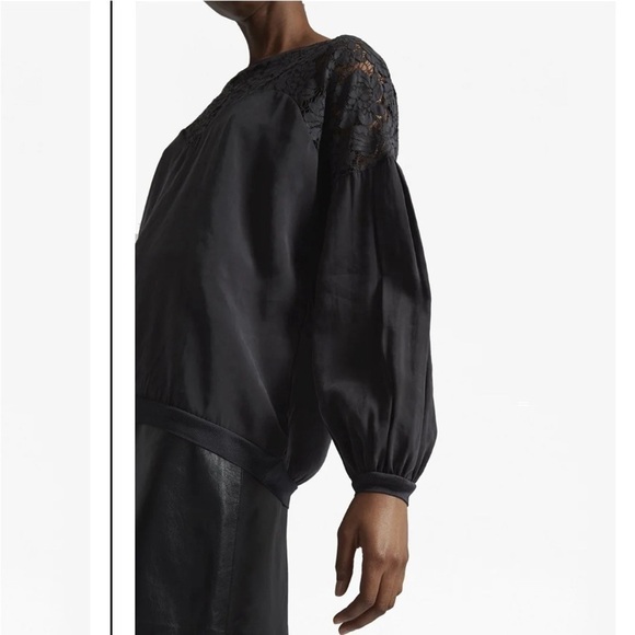 French Connection Lassia Cupro Lace Yoke Top Knit Sweater Black Small S - Picture 2 of 6